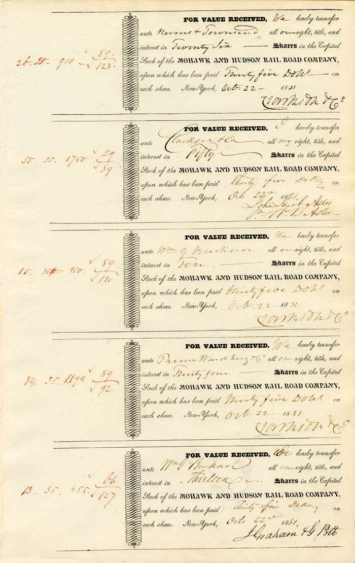 Uncut Sheet of 5 Mohawk and Hudson RR signed by William B. Astor for his Father, John Jacob Astor